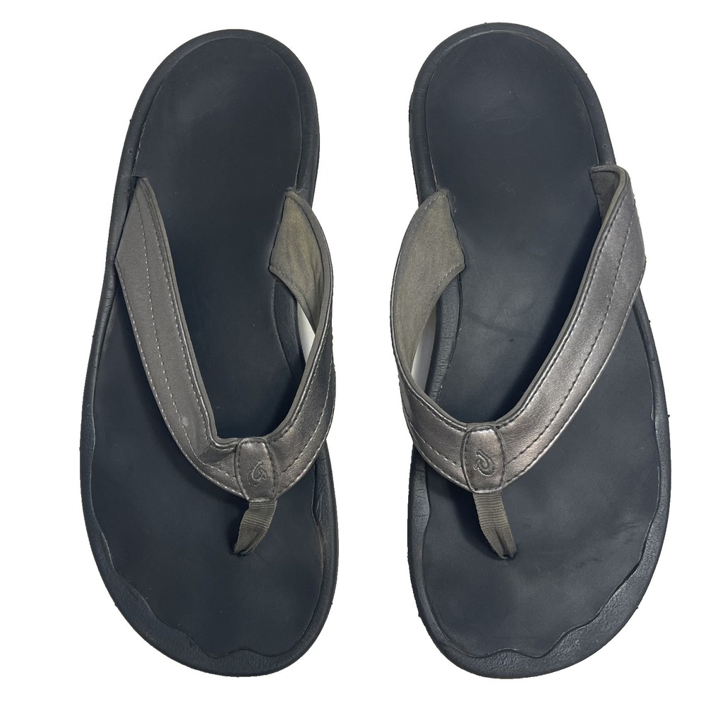 Olukai Ohana Beach Sandals Pewter Black Leather Thong Sandals‎ Womens 9 EU 39
